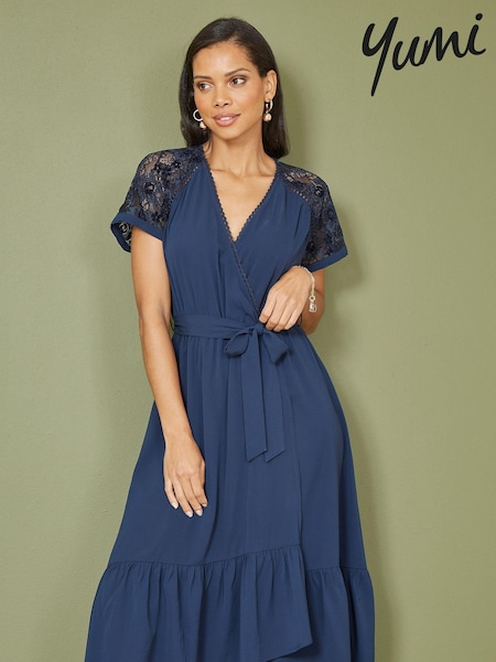 Yumi Blue Lace Sleeve Midi Wrap Over Dress (B84349) | €31
