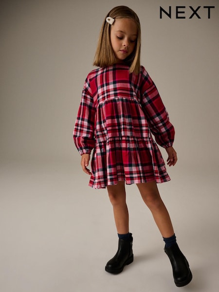 Red Check Long Sleeve Tiered 100% Cotton Dress (3-16yrs) (B84405) | AED53 - AED71