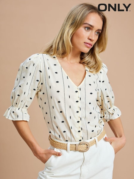 ONLY Cream 100% Cotton Embroidered Short Sleeve Button-Up Blouse (B84457) | €16