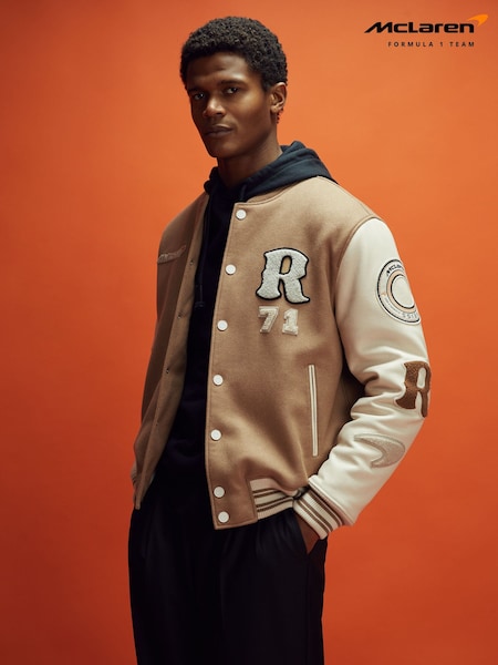 Reiss x McLaren F1 Team Camel/Ecru McLaren F1 Leather Varsity Jacket (B84472) | €1,425