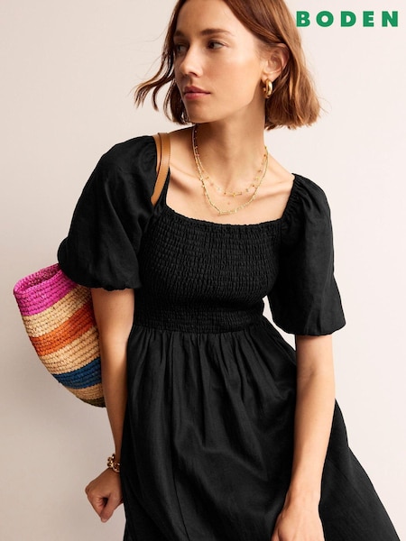 Boden Sky Smocked 100% Linen Midi Dress (B84499) | ‏679‏₪