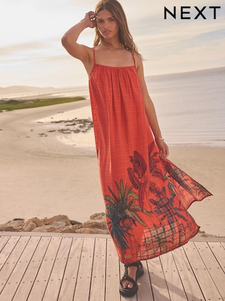 Coral/Red 100% Cotton Maxi Summer Dress (B84510) | €18