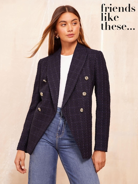 Bleumarin albastru - Friends Like These Boucle Două rânduri de nasturi Blazer (B84723) | 275 LEI