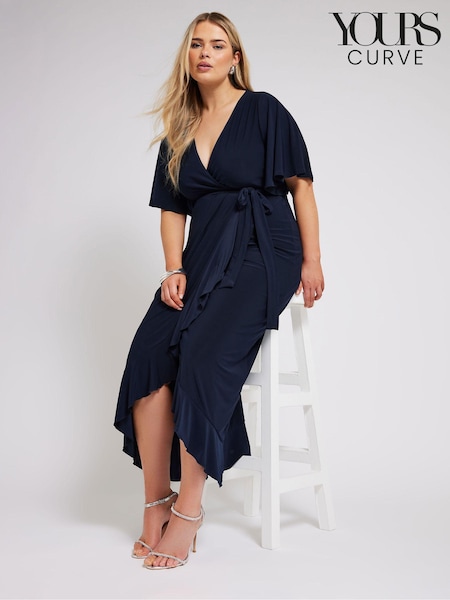 Синий - Yours Curve YOURS LONDON Ruffle Hem Wrap Dress (B84734) | €66