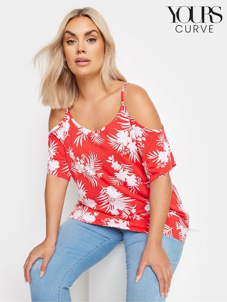 Yours Curve Red YOURS Curve Pink Tropical Print Cold Shoulder Top (B84740) | €24