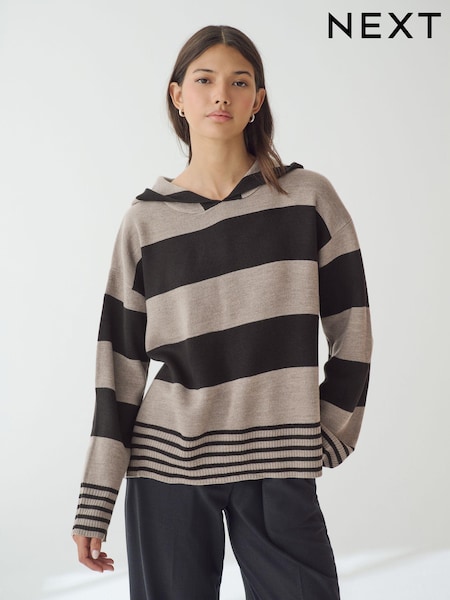 Multi Stripe Cosy Soft Touch Knitted Jumper Hoodie (B84773) | €26