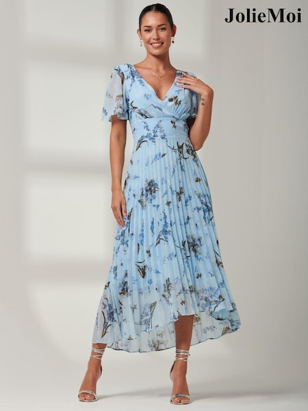 Jolie Moi Light Blue Floral Pleated Dip Hem Chiffon Maxi Dress (B84811) | €104