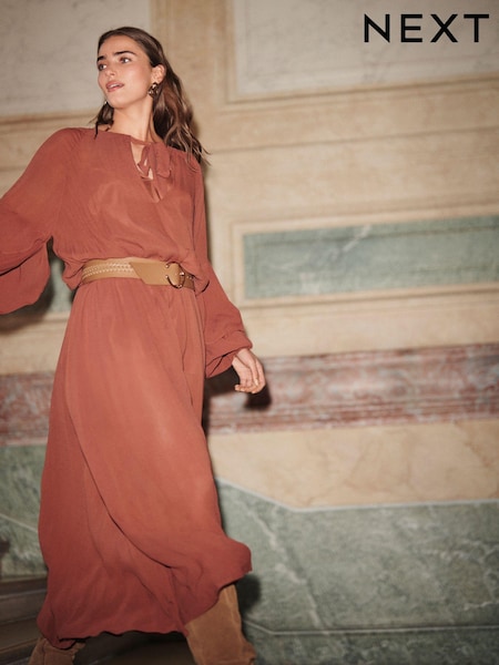 Rosewood - Gathered Cravată Neck Volume Sleeve Rochie lungă (B84857) | 220 LEI