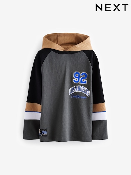 Anthrazitgrau - 100% Cotton Varsity Long Sleeve Hooded T-Shirt (3-16yrs) (B84928) | 6 € - 8 €