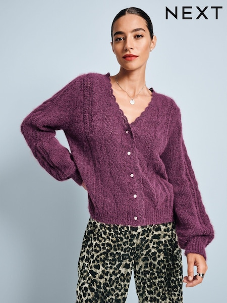 Bordo rdeča - Gem Button Textured Lace Knitted Cardigan with Wool (B84968) | € 31
