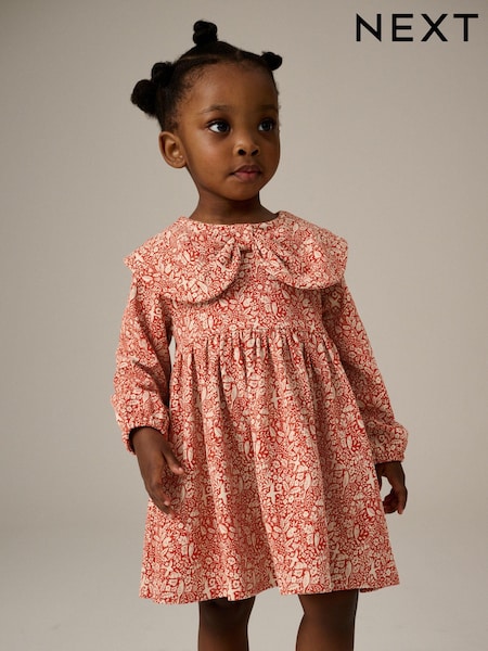 Red Long Sleeve Collared 100% Cotton Dress (3mths-7yrs) (B84997) | AED35 - AED42