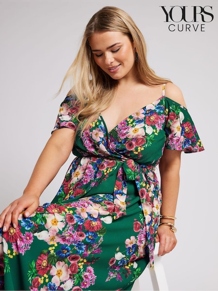 Yours Curve Green Floral Print Cold Shoulder Wrap Dress (B85026) | R$ 590