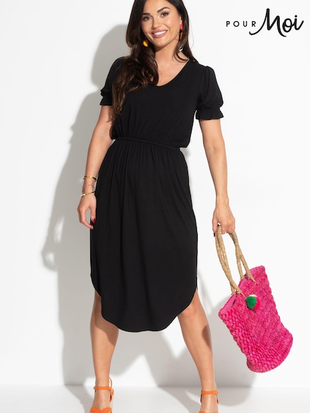 Pour Moi Black Jenny Puff Sleeve Jersey Midi Dress with LENZING™ ECOVERO™ Viscose (B85034) | $67