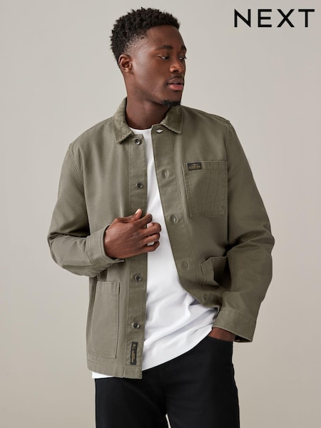Khaki Green Canvas Chore 100% Cotton Jacket With Corduroy Collar (B85199) | $72