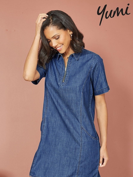 Yumi 100% Cotton Chambray Dress With Zip Neckline (B85251) | €60