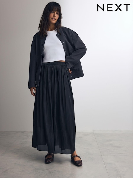 Black Metallic Satin Pleated Maxi Skirt (B85271) | AED109