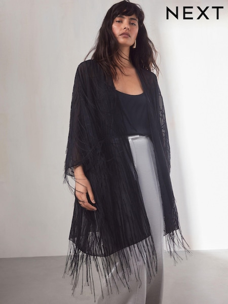 Black Fringe Longline Kimono (B85338) | €25