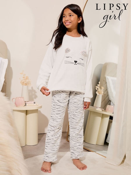 Lipsy Grey 3D Cat Soft Touch Fleece Pyjamas (2-16yrs) (B85359) | AED77 - AED100