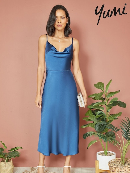 Yumi Blue Satin Cowl Neck Midi Dress (B85643) | €73