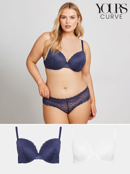 Yours Curve Blue YOURS 2 PACK Blue & White Lace Trim Padded Bras (B85858) | 215 zł