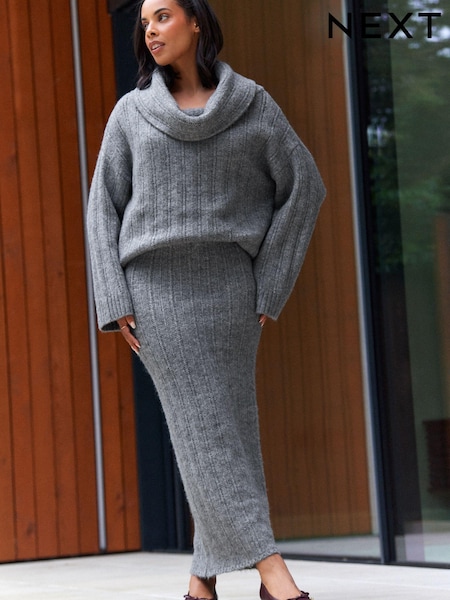 Grey Charcoal Co-ord Soft Touch Fitted Column Knitted Maxi Skirt (B85963) | €24