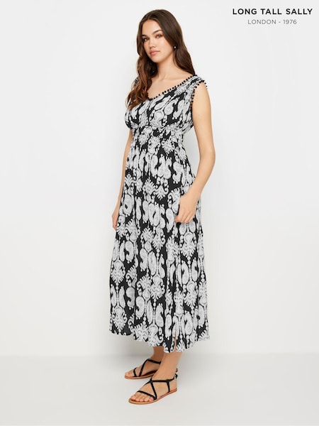 Long Tall Sally Black Mono Shirred Printed V-Neck Midi Dress (B86084) | €48
