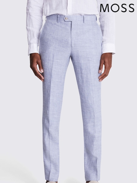 MOSS Light Blue Tailored Fit Linen Trousers (B86116) | 544 QAR