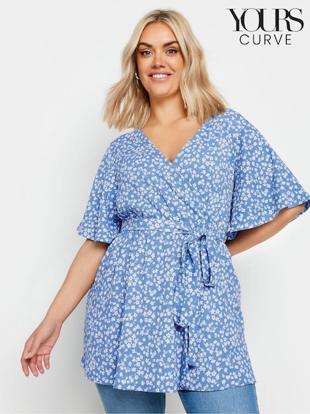 Yours Curve Blue Floral Print Textured Wrap Top (B86122) | $51