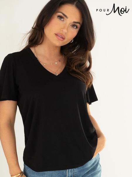 Negru - Tricou Pour Moi Serena cu decolteu în V din jerseu cu viscoză (B86175) | 186 LEI
