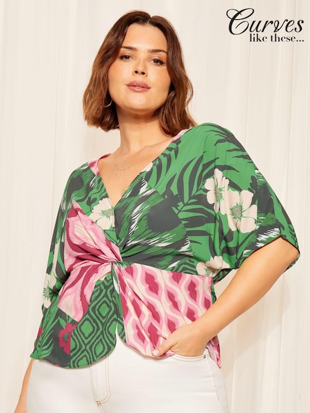 Curves Like These Twist Front V Neck Short Sleeve Top (B86208) | 125 LEI