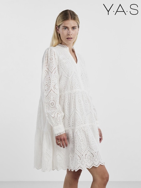 Y.A.S White Broderie Long Sleeve Tiered Dress (B86213) | €57