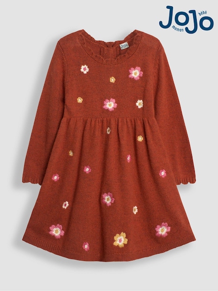 JoJo Maman Bébé Rust Orange Flower Embroidered Knit Dress (B86249) | €54
