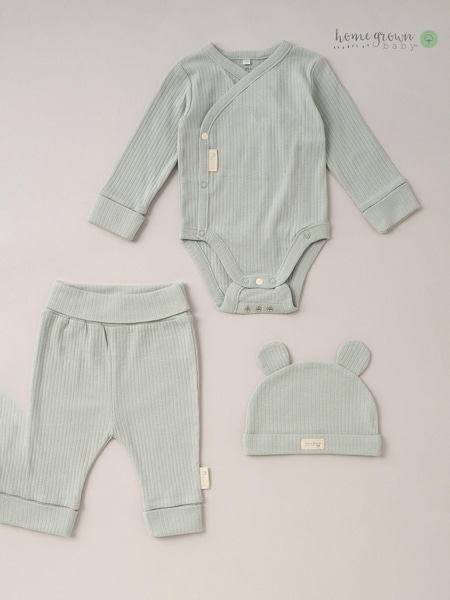 Homegrown Green 3 Piece Ribbed Bodysuit Joggers And Bear Hat Set (B86267) | AED89
