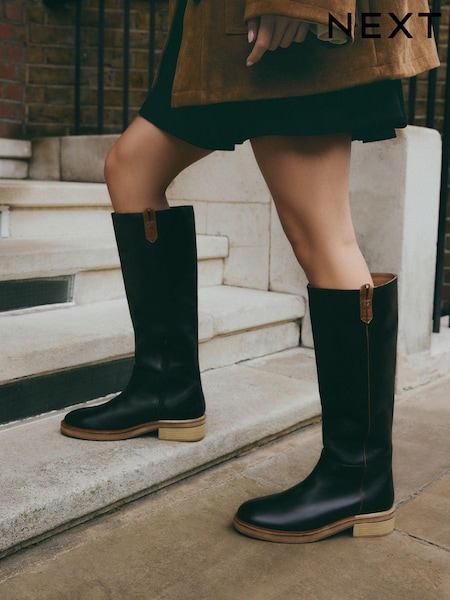 Black Forever Comfort® Knee Leather High Rider Boots (B86395) | AED186