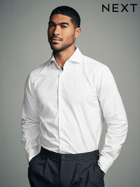 White Regular Fit Brushed Flannel Single Cuff Formal 100% Cotton Oxford Shirt (B86466) | €44