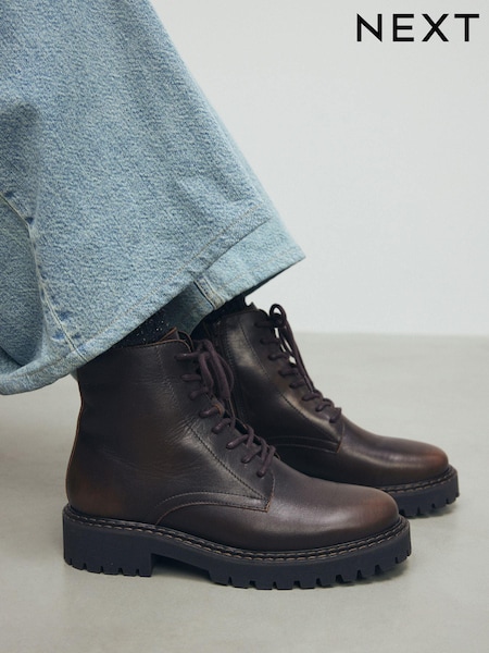 Chocolate Brown Premium Leather Lace-Up Boots (B86490) | €52