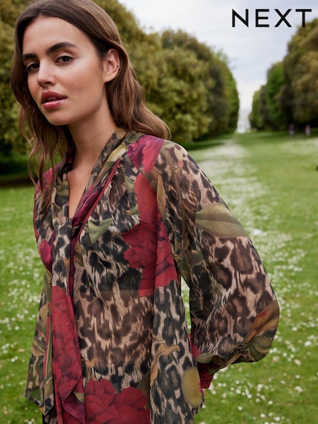 Brown Leopard and Floral Print Long Sleeve Tie Neck Blouse (B86532) | €14