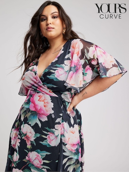 Темно-синий - Yours Curve Floral Print Wrap Maxi Dress (B86568) | €86