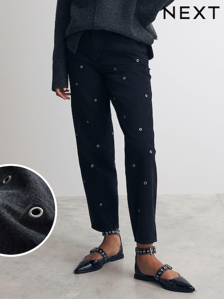 Model negru prespălat - Eyelet Detail Barrel Leg 100% Cotton Jeans (B86583) | 208 LEI