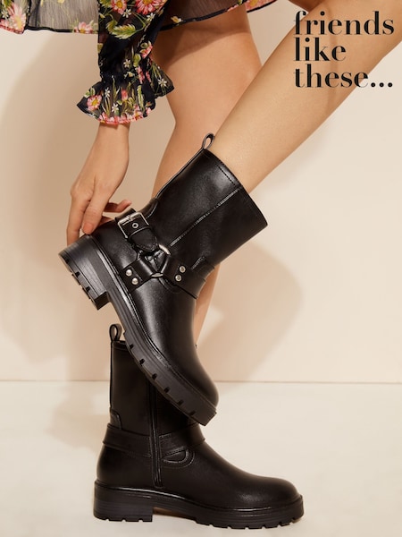 Friends Like These Black Wide Fit Faux Leather Chunky Buckle Ankle Biker Boot (B86625) | ₪231