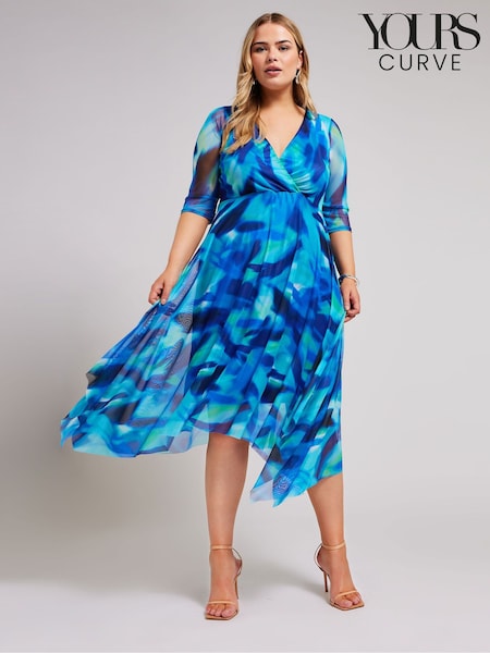 Yours Curve Blue Cowl Neck Mesh Midi Dress (B86853) | 272 QAR