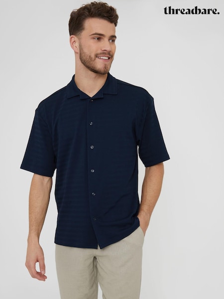 Threadbare Navy Textured Short Sleeve Cotton Shirt With Stretch (B86940) | €15