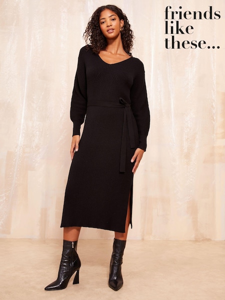 Negru - Friends Like These Decolteu în V Cu centură/curea Midi Rochie (B87036) | 171 LEI