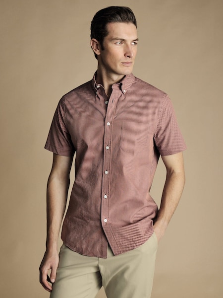 Charles Tyrwhitt Pink Gingham Short Sleeve Noniron Stretch Poplin 100% Cotton Shirt (B87082) | AED204