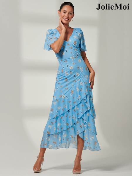 Jolie Moi Blue Daleysa Frill Hem Mesh Maxi Dress (B87125) | 220 QAR