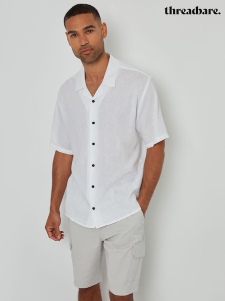 Threadbare White Linen Blend Revere Collar Short Sleeve Shirt (B87212) | R$ 300