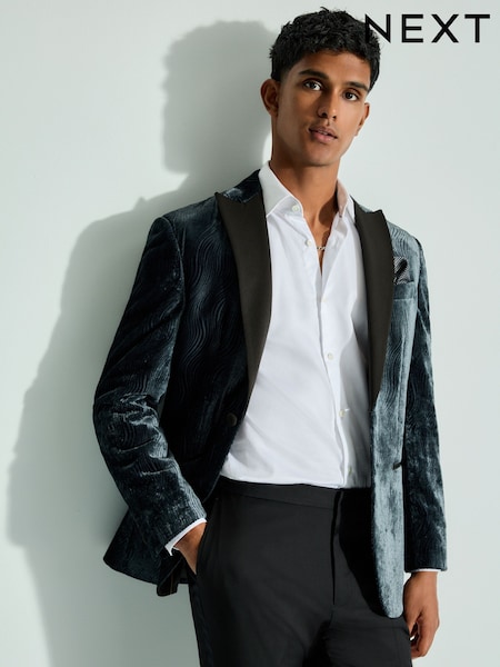 Steel Blue Slim Fit Patterned Velvet Blazer (B87244) | €50