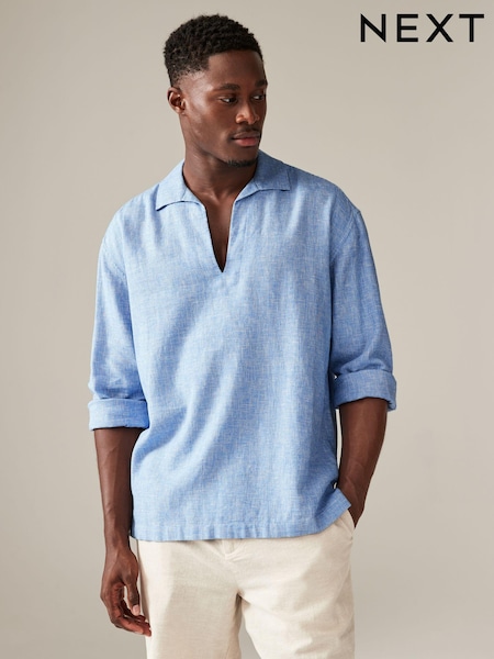 Blue Linen Blend Long Sleeve Kaftan Shirt (B87303) | AED91