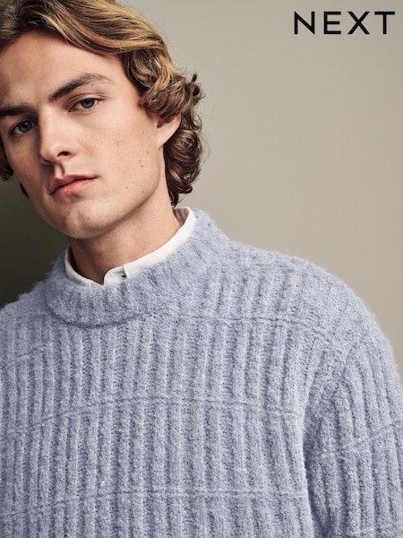 Світло-блакитний - Relaxed Fit Bouclé Textured у смужку джемпера з круглими вирізами (B87390) | 1 485 грн