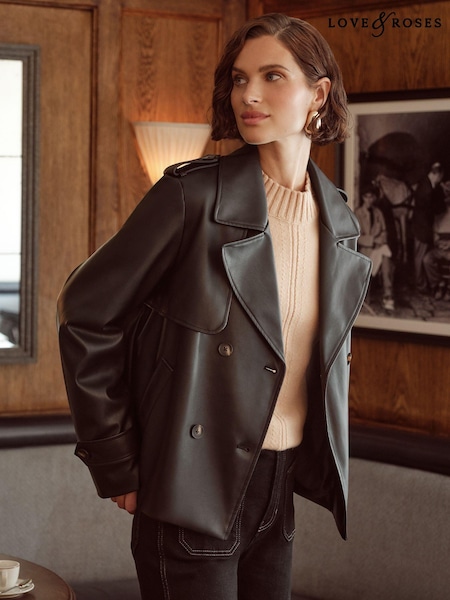 Musta keinonahka - Love & Roses Cropped Trench Jacket (B87474) | €104